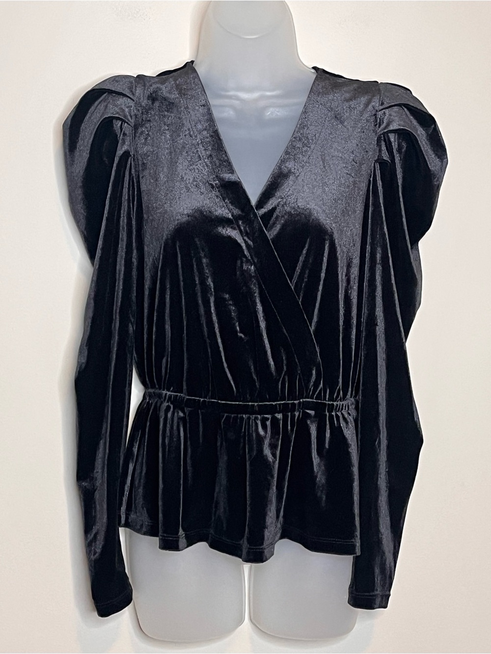 LOFT Black Velvet Velour Puff Sleeve Wrap Peplum Top Size Small Holiday Party - Picture 2 of 5